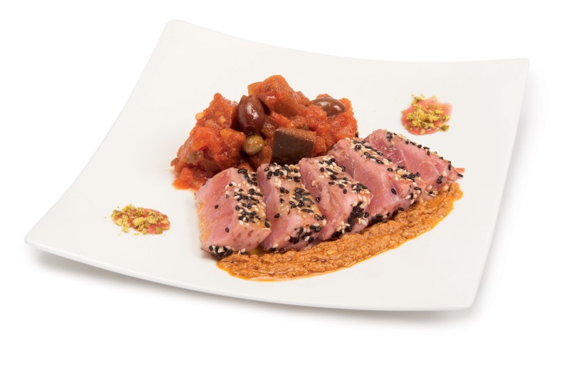 Sesame tuna cuts with red pesto and caponata