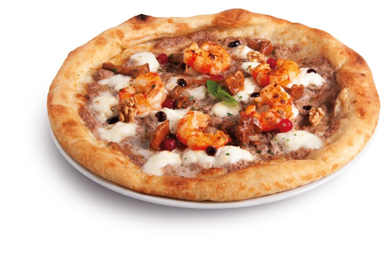 Pizza con gamberoni e gallinacci